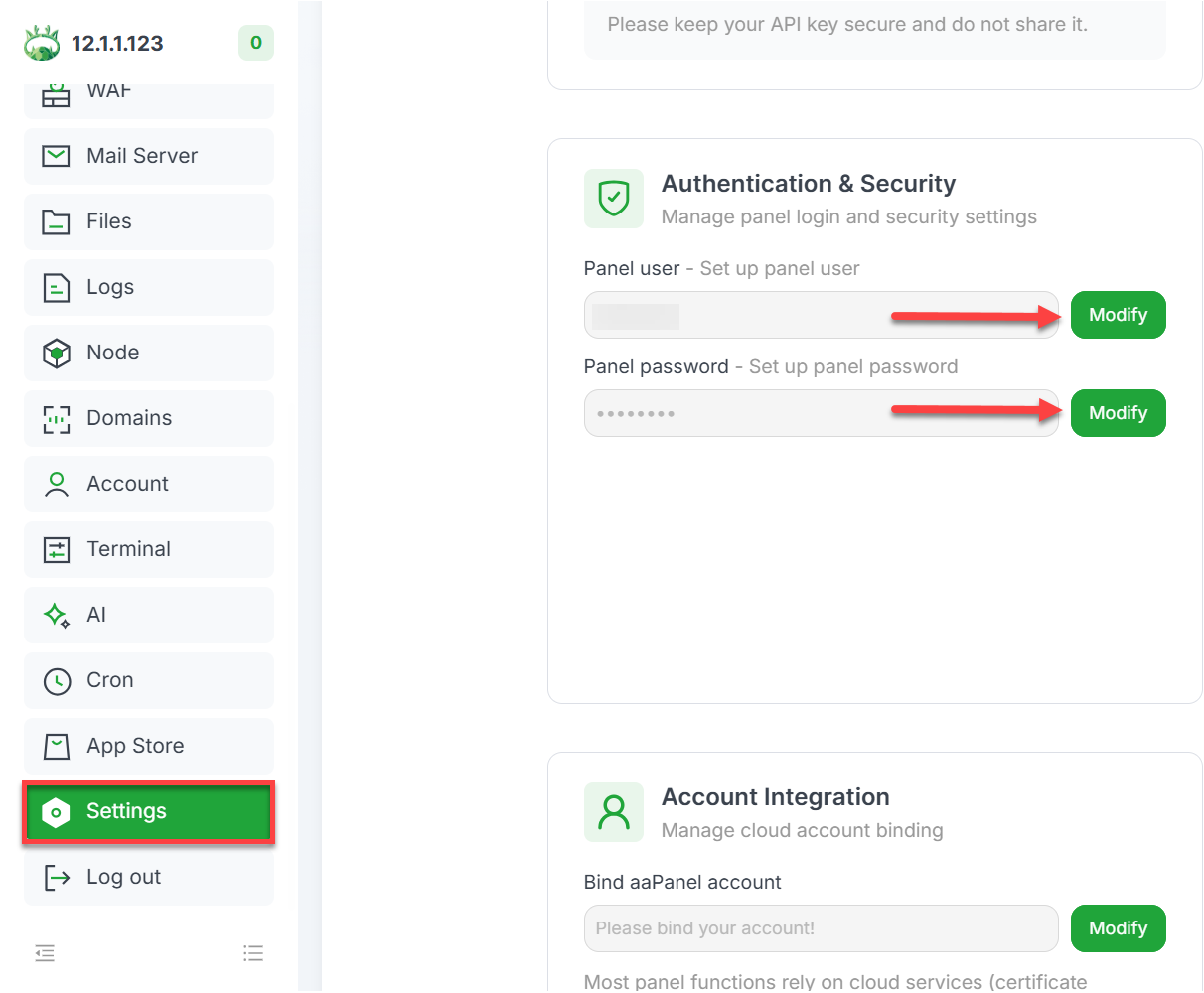 BH AM - aaPanel change password