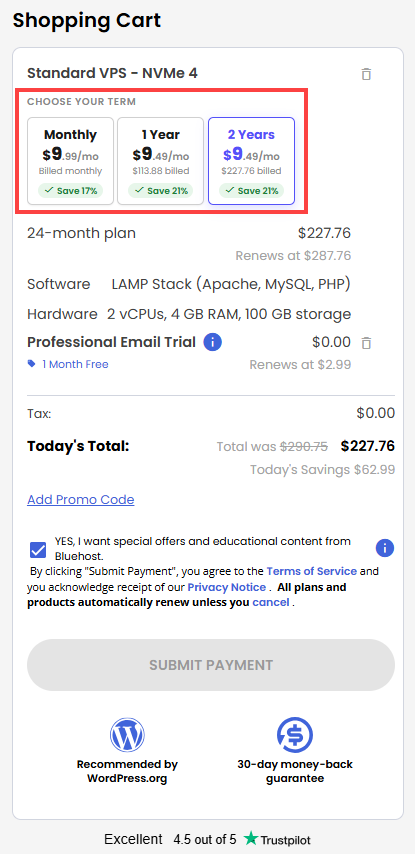 Self-Managed VPS - Checkout page