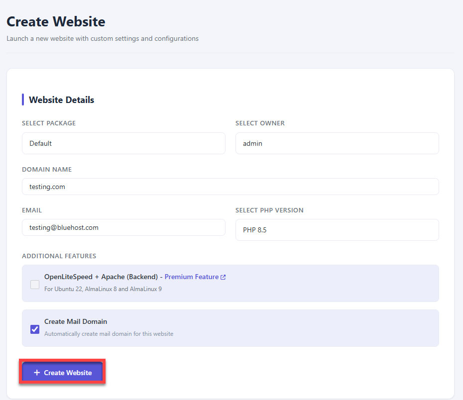 BH AM - Cyberpanel create website Fill in Save 