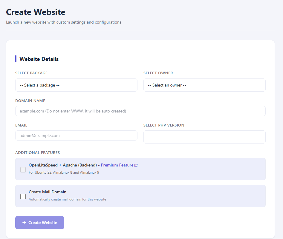 BH AM - Cyberpanel create website Fill in 