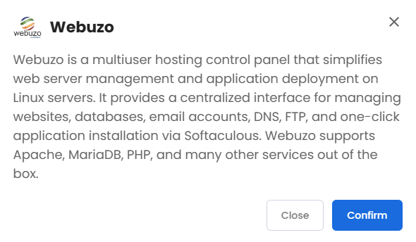 Self-Managed VPS - Application tab - Webuzo pop-up