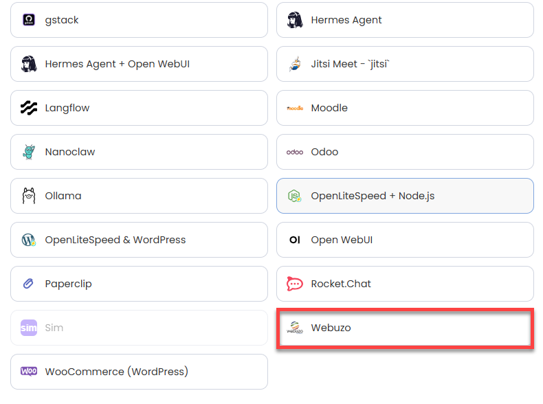 Self-Managed VPS - Application tab - Webuzo