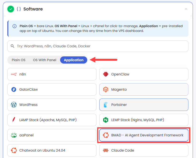 Self-Managed VPS - Application tab - BMAD