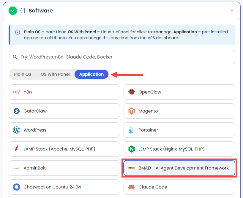 Self-Managed VPS - Application tab - BMAD