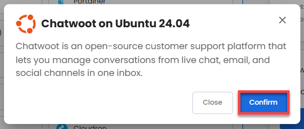 Self-Managed VPS - Application tab - Chatwoot pop-up