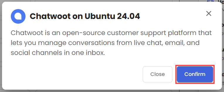 Self-Managed VPS - Application tab - Chatwoot pop-up