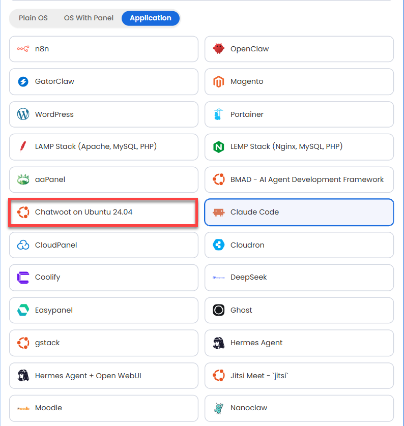 Self-Managed VPS - Application tab - Chatwoot