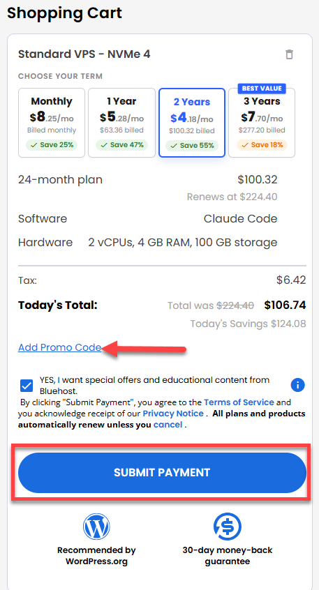 Self-Managed VPS - submit payment