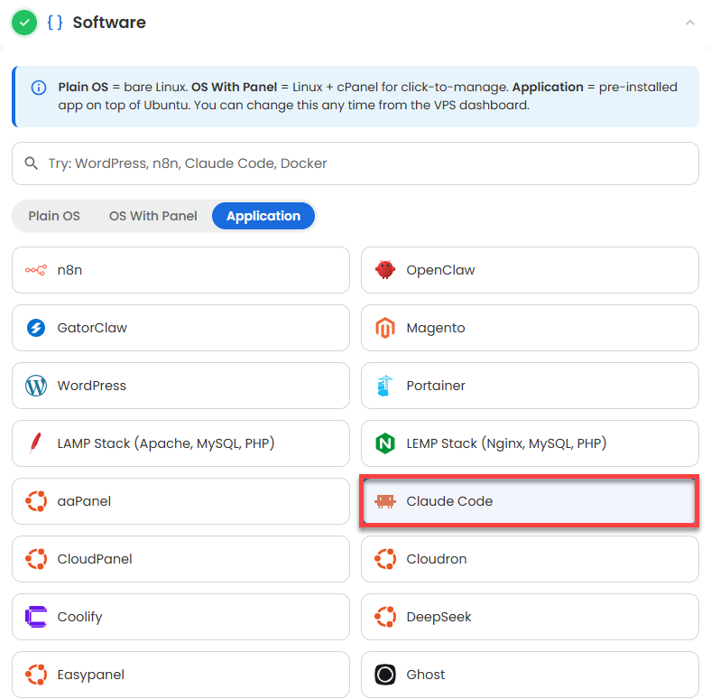 Self-Managed VPS - Application tab - Claude Code