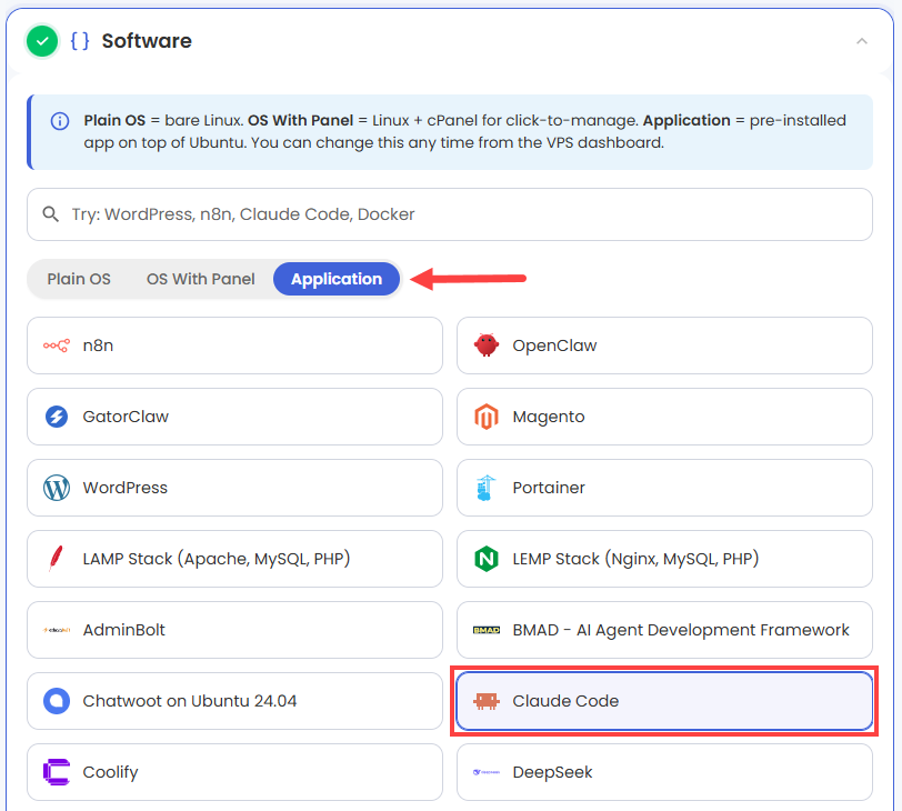 Self-Managed VPS - Application tab - Claude Code