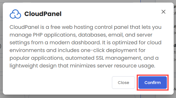 Self-Managed VPS - Application tab - Easypanel pop-up