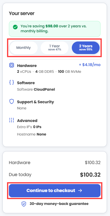 Self-Managed VPS - Continue to Checkout