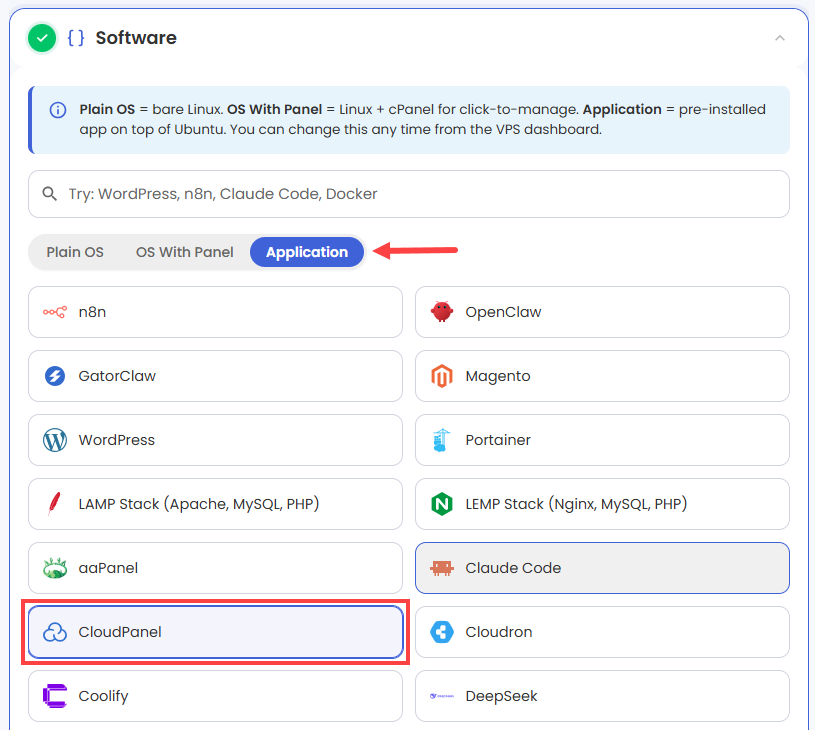 Self-Managed VPS - Application tab - Easypanel