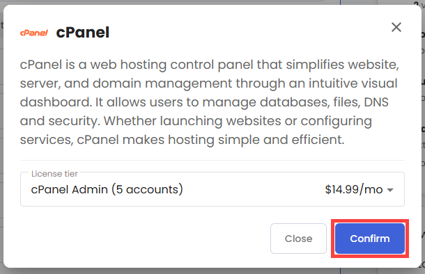 Self-Managed VPS - Application tab - cPanel pop-up