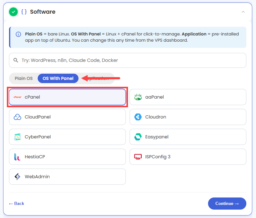 Self-Managed VPS - Application tab - cPanel