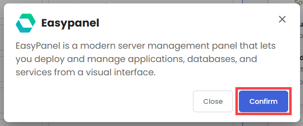 Self-Managed VPS - Application tab - Easypanel pop-up
