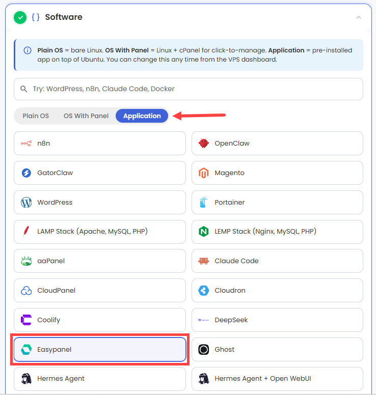 Self-Managed VPS - Application tab - Easypanel
