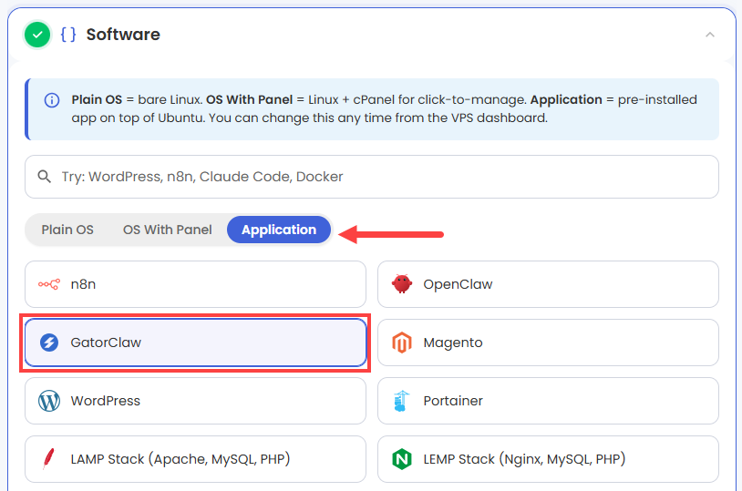 Self-Managed VPS - Application tab - GatorClaw
