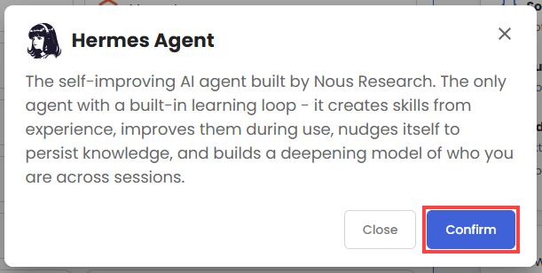 Self-Managed VPS - Application tab - Hermes Agent pop-up