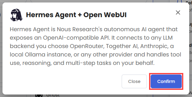 Self-Managed VPS - Application tab - Hermes Agent + Open WebUI pop-up