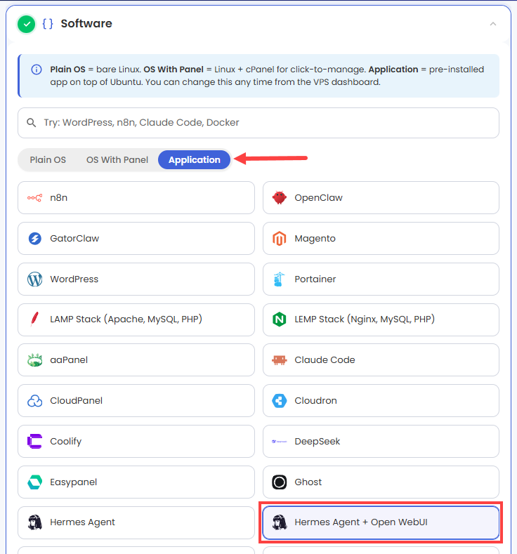 Self-Managed VPS - Application tab - Hermes Agent + Open WebUI