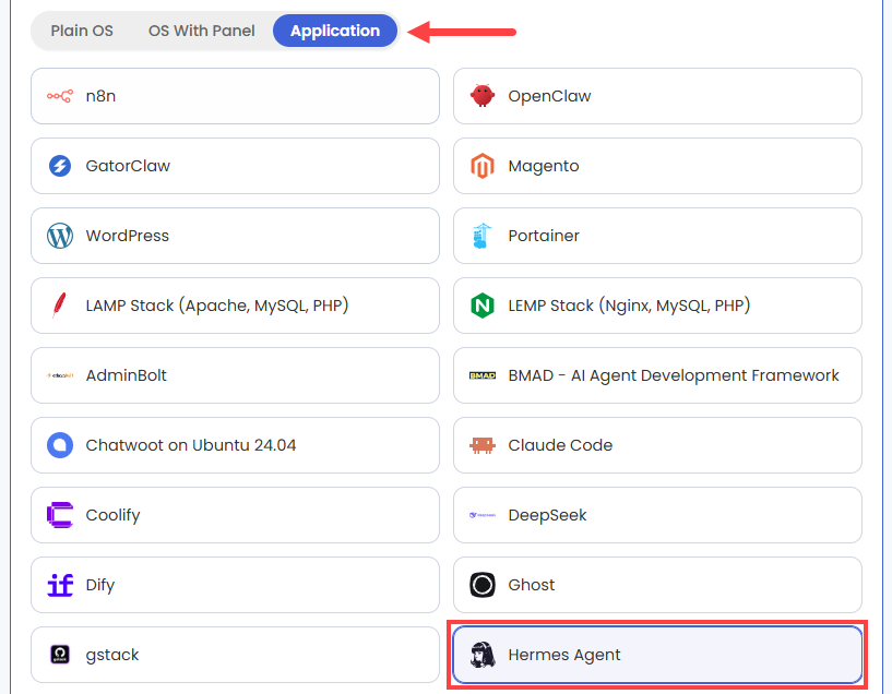 Self-Managed VPS - Application tab - Hermes Agent