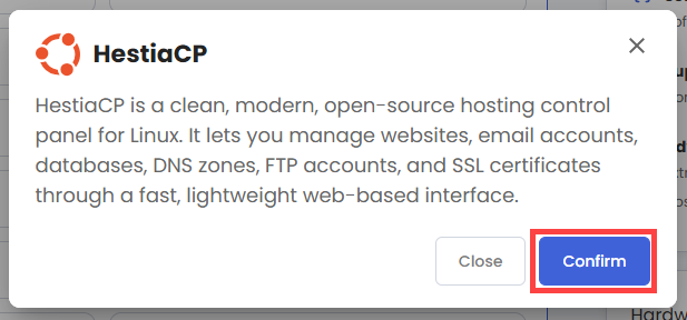 Self-Managed VPS - Application tab - HestiaCP pop-up