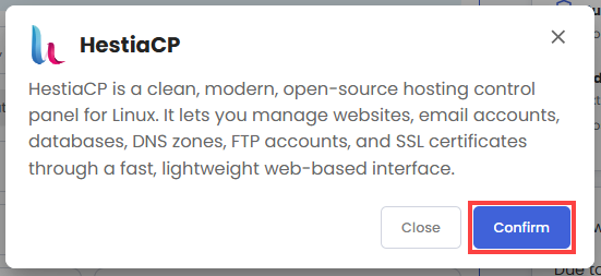 Self-Managed VPS - Application tab - HestiaCP pop-up