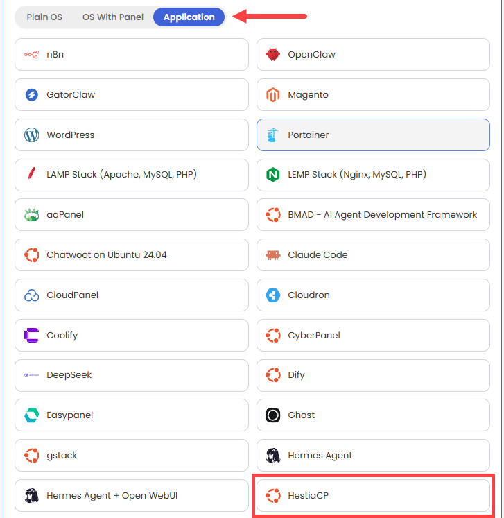Self-Managed VPS - Application tab - HestiaCP