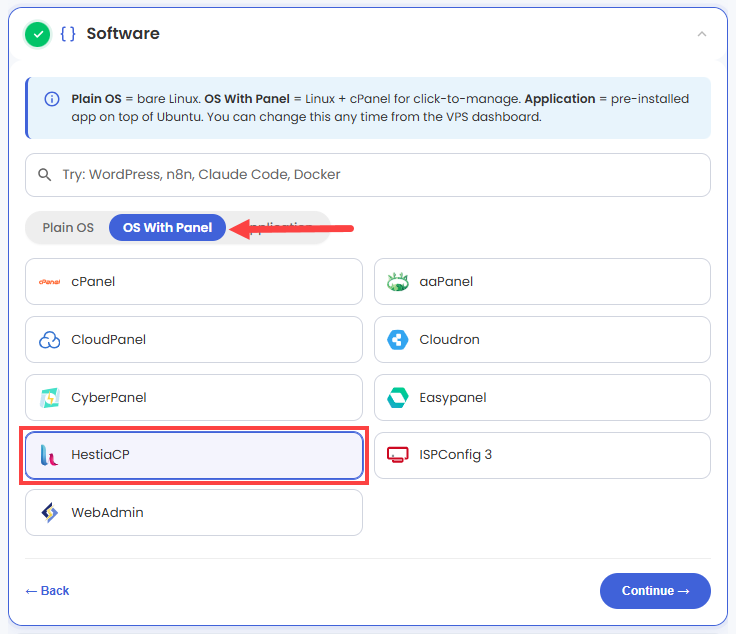 Self-Managed VPS - Application tab - HestiaCP