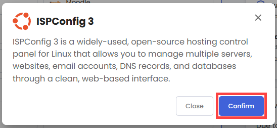 Self-Managed VPS - Application tab - ISPConfig 3 pop-up