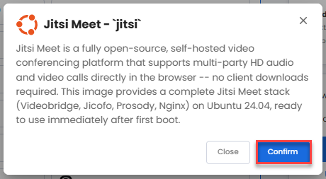 Self-Managed VPS - Application tab - Jitsi pop-up