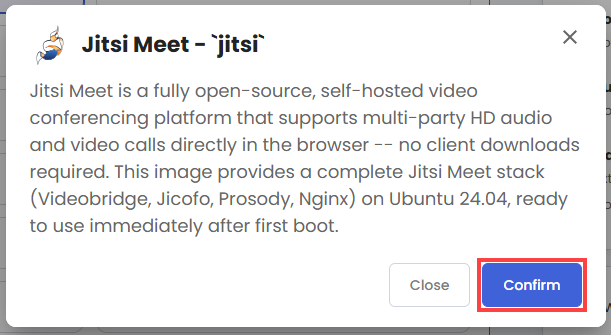 Self-Managed VPS - Application tab - Jitsi pop-up