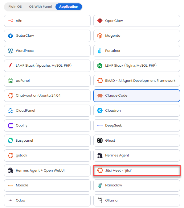 Self-Managed VPS - Application tab - Jitsi