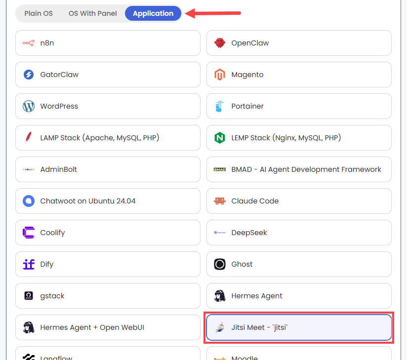 Self-Managed VPS - Application tab - Jitsi