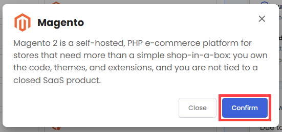 Self-Managed VPS - Application tab - Magento pop-up