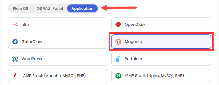 Self-Managed VPS - Application tab - Magento