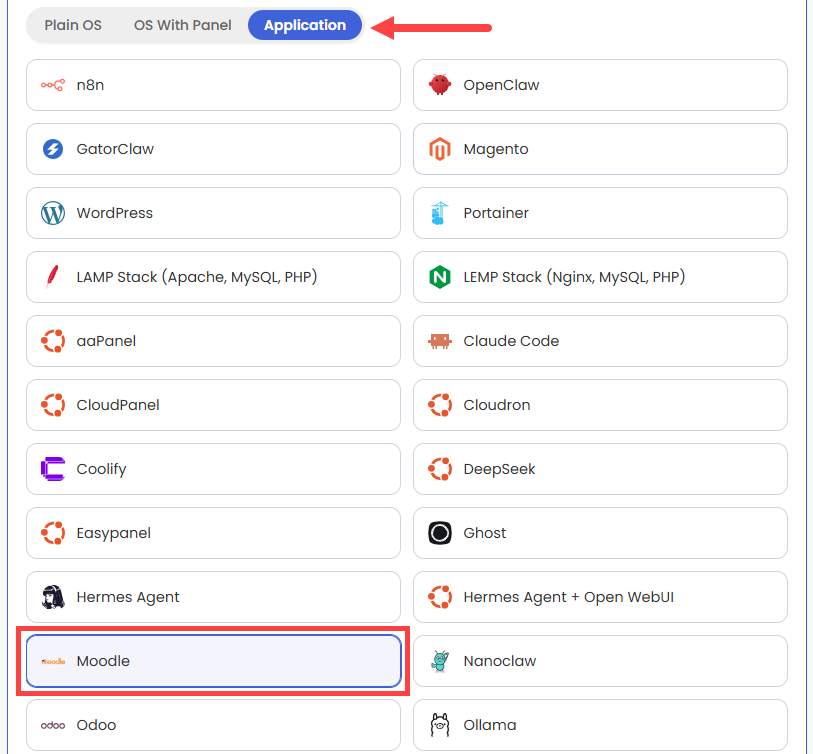 Self-Managed VPS - Application tab - Moodle