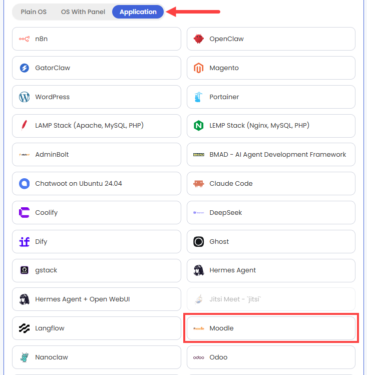 Self-Managed VPS - Application tab - Moodle