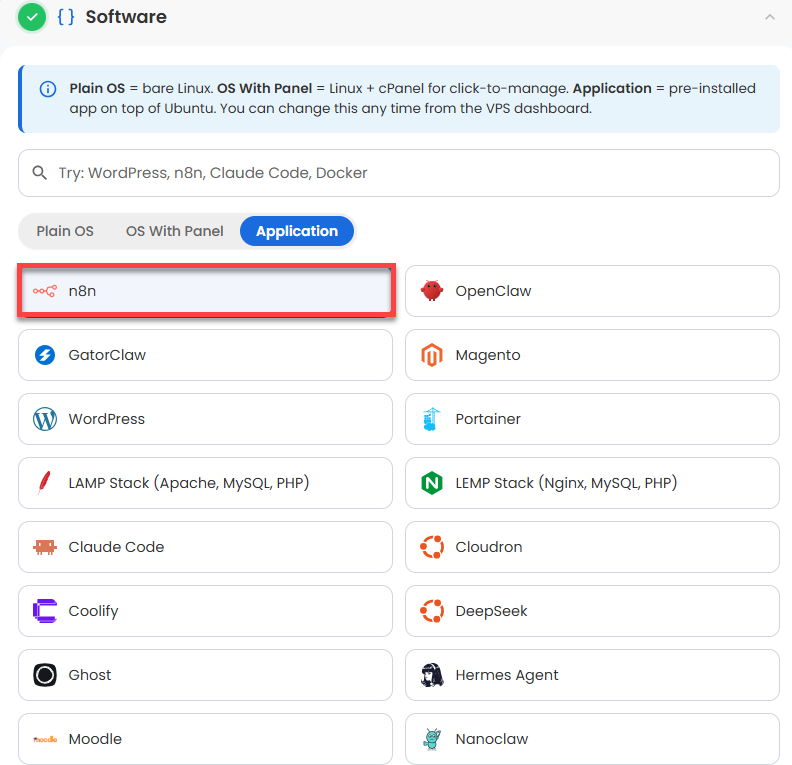 Self-Managed VPS - Application tab - n8n