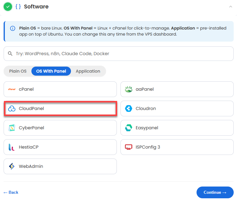 Self-Managed VPS - Application tab - Cloudpanel