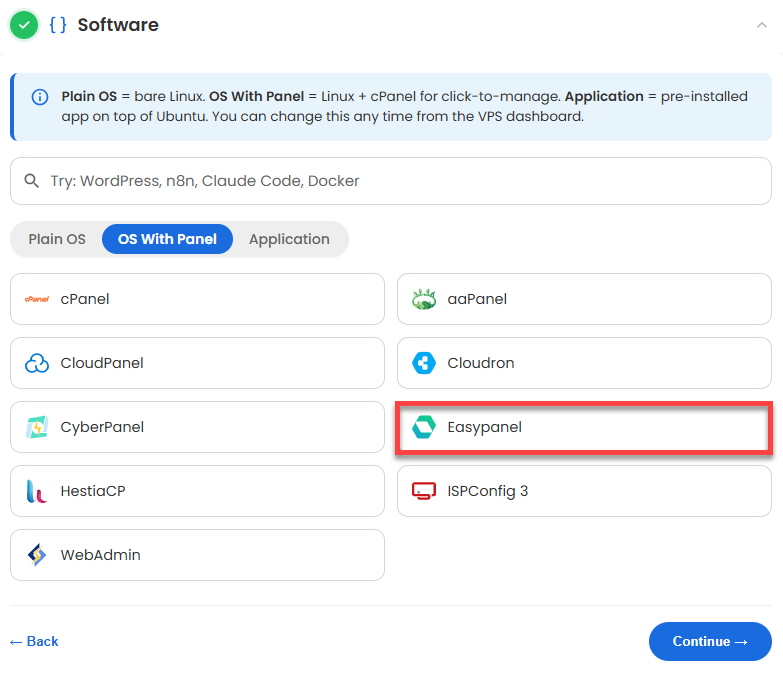 Self-Managed VPS - OS with Panel Tab - Easypanel
