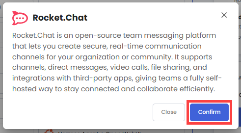 Self-Managed VPS - Application tab - Rocket-chat pop-up