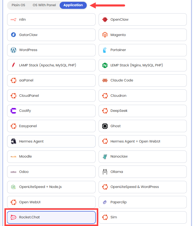 Self-Managed VPS - Application tab - Rocket-chat