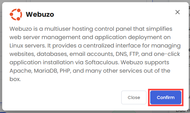 Self-Managed VPS - Application tab - Webuzo pop-up