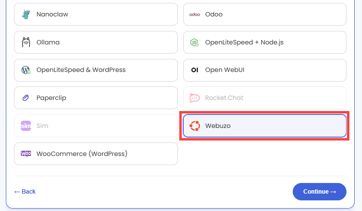 Self-Managed VPS - Application tab - Webuzo