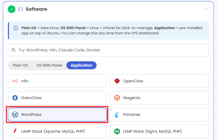 Self-Managed VPS - Application tab - n8n