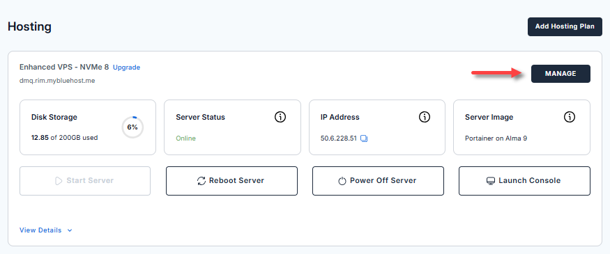 Bluehost Portal - Hosting tab - Self-Managed VPS Manage button