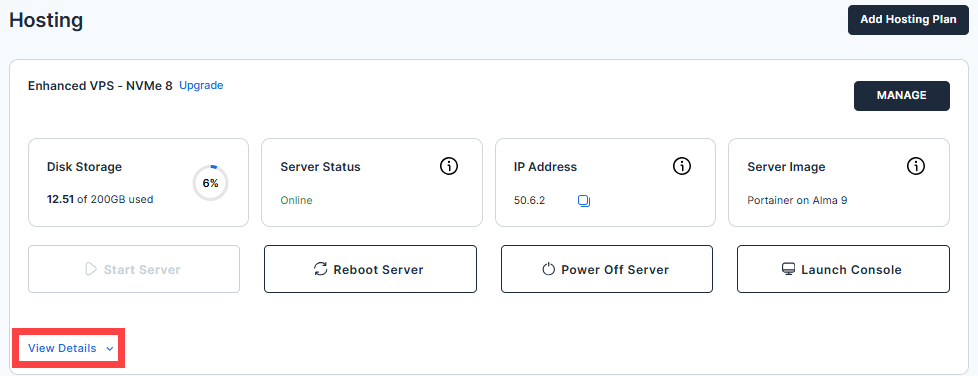 Hosting tab - Self-Managed VPS - View Details link