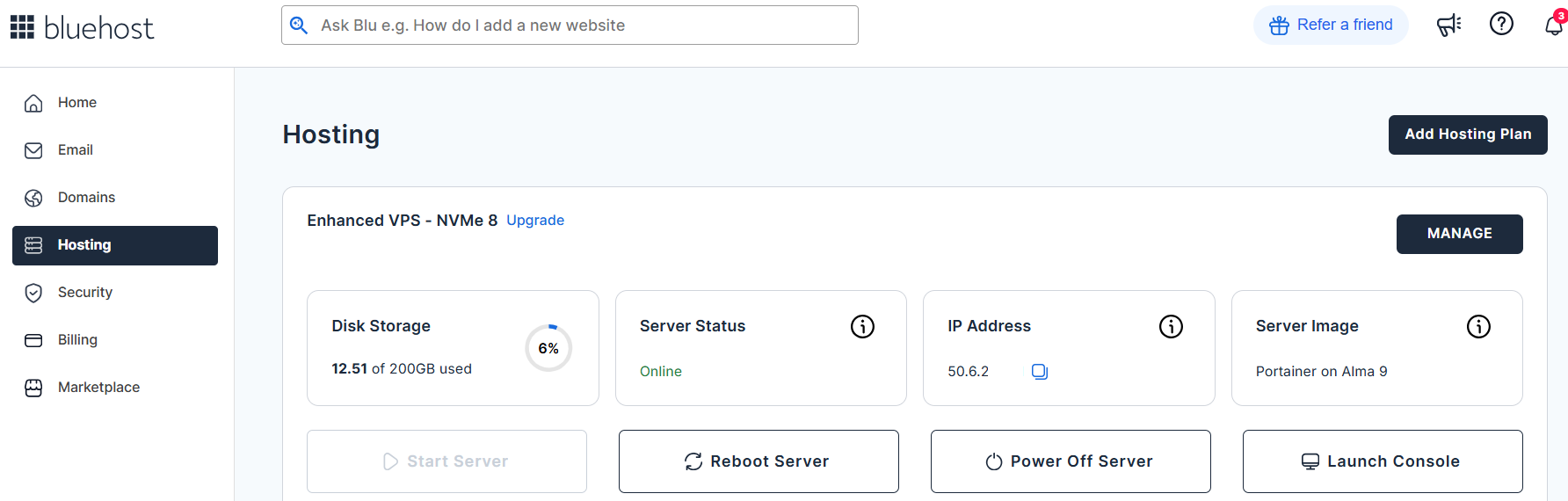 Account Manager - Hosting tab - Self-Managed VPS Inteface